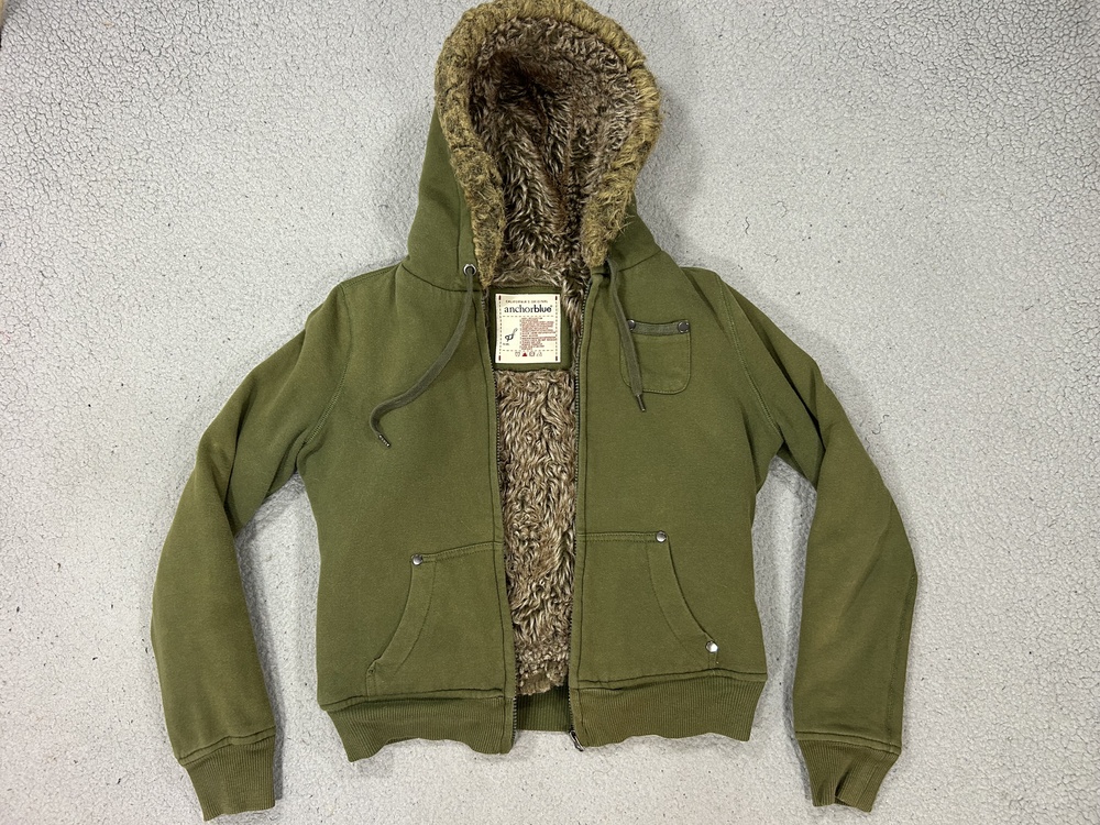 Anchor Blue Hoodie Women Small Green Faux Fur Lined Full Zip Heavy Winter Jacket